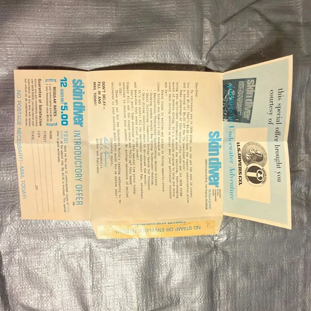 Vintage 1976 US Divers Dive Mask 5001-00 Yellow Box Receipt Pamphlet Jacques Cou